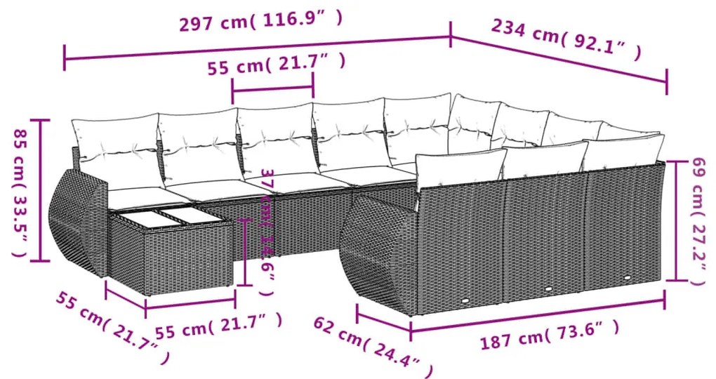 11 részes szürke polyrattan kerti ülőgarnitúra párnákkal