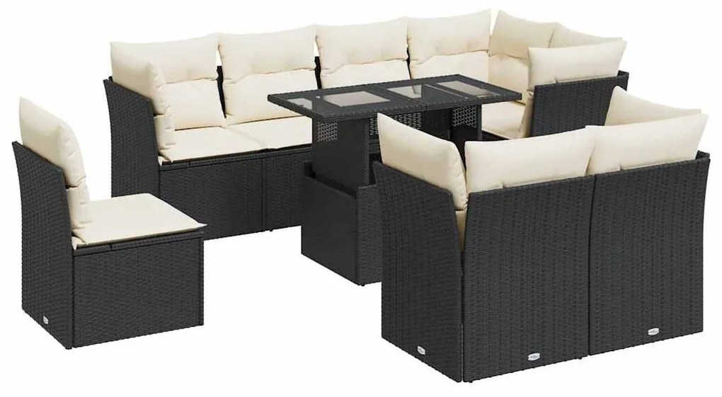 9 részes fekete polyrattan kerti ülőgarnitúra párnákkal