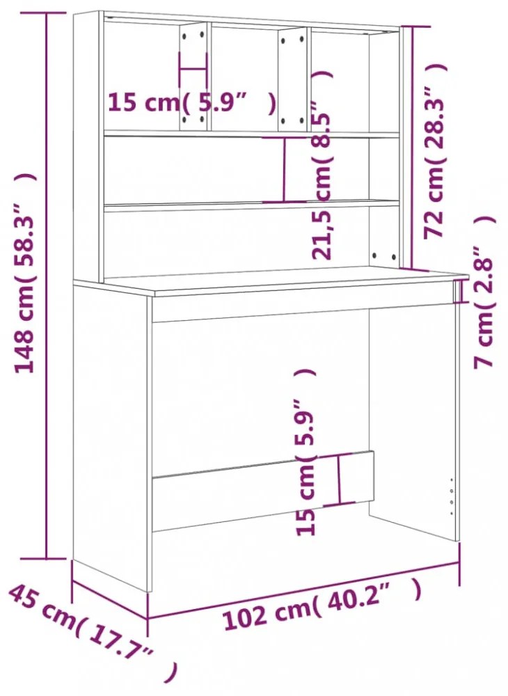 barna tölgy szerelt fa íróasztal polcokkal 102 x 45 x 148 cm