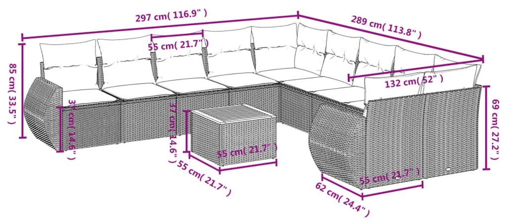 11 részes fekete polyrattan kerti ülőgarnitúra párnákkal