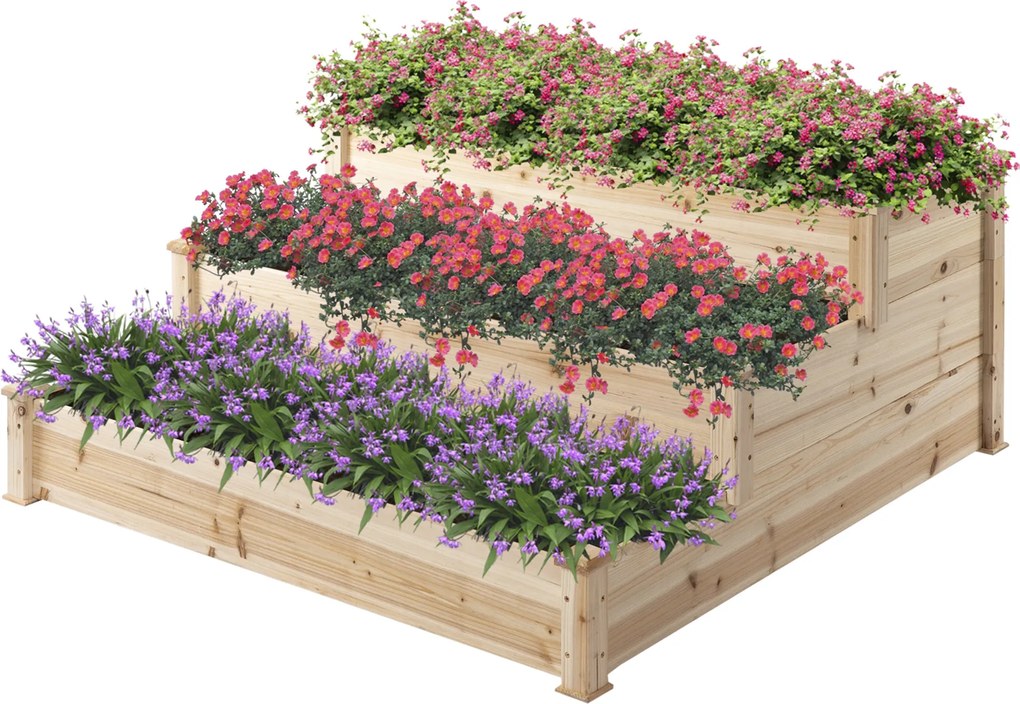 Outsunny Háromszintes Kerti Virágágyás Fűszerágyás Lépcsőzetes Balcón Kerti Díszítéshez Természetes Fenyőfa 120 x 120 x 56 cm | Aosom