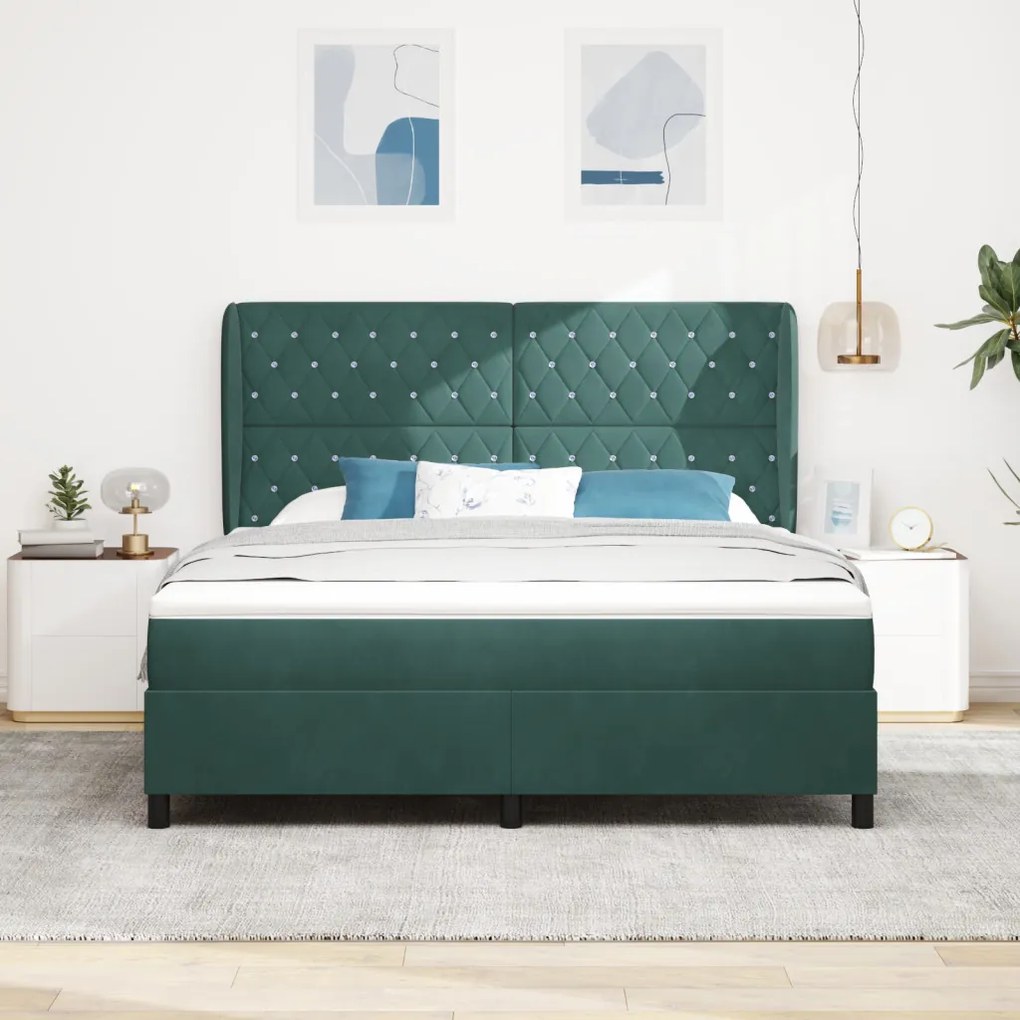 Box Spring Ágy matraccal sötét zöld, 180x200 cm, bársony