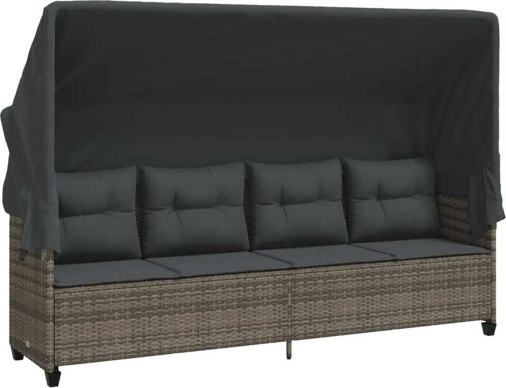 vidaXL szürke polyrattan napozóágy tetővel és párnával