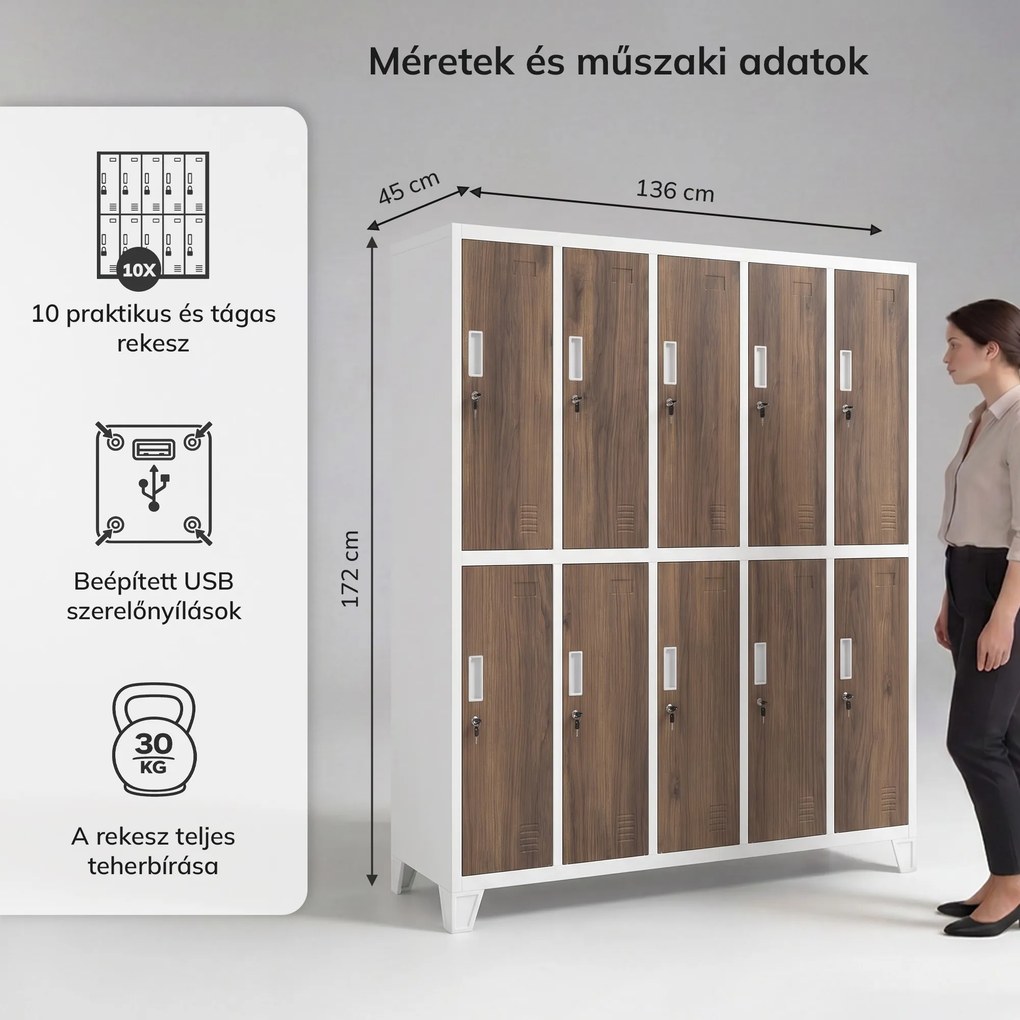 Munkavédelmi öltözőszekrény, 10 ajtós, fehér/dió, 1360x1720x450 mm: BARTEK Eco Design