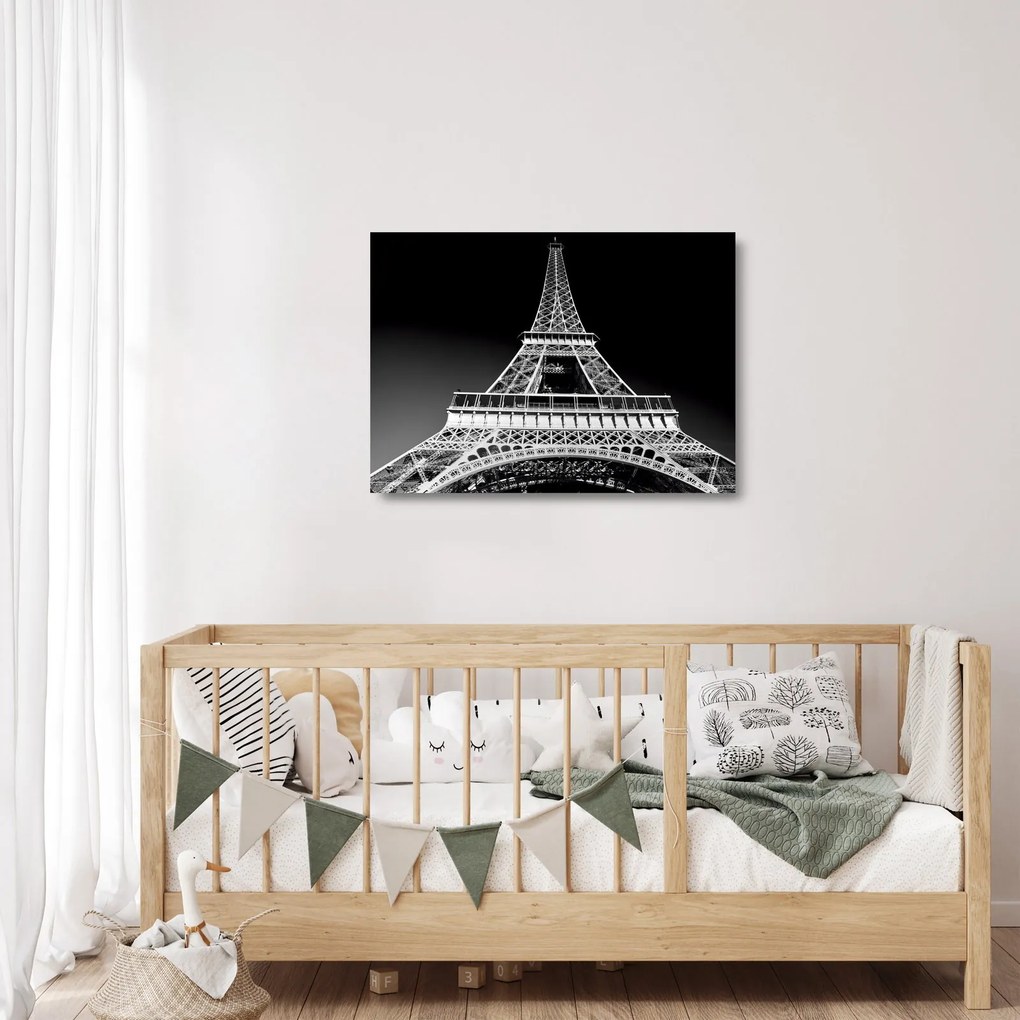 Üveg kép - Eiffel-torony, fekete-fehér (70x50 cm)
