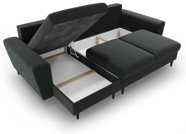 Sötétszürke bársony kinyitható tárolóhelyes sarokkanapé Kyoto – Cosmopolitan Design