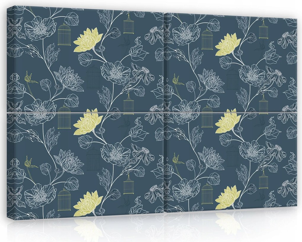 Vászonkép 120x80 moduláris virág madárkalitka sötétkék fehér sárga elegáns