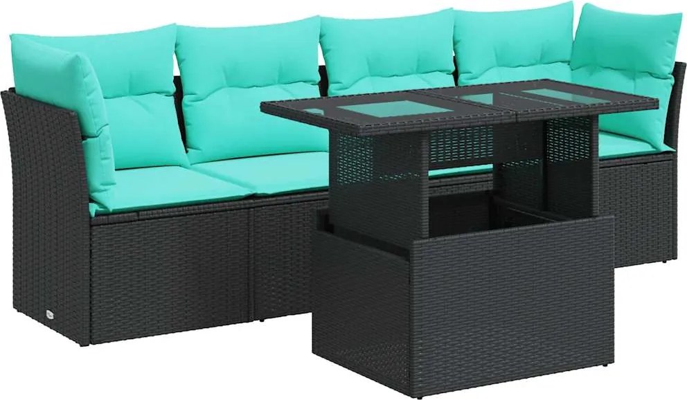 vidaXL 5 részes fekete polyrattan akácfa kerti kanapészett párnákkal