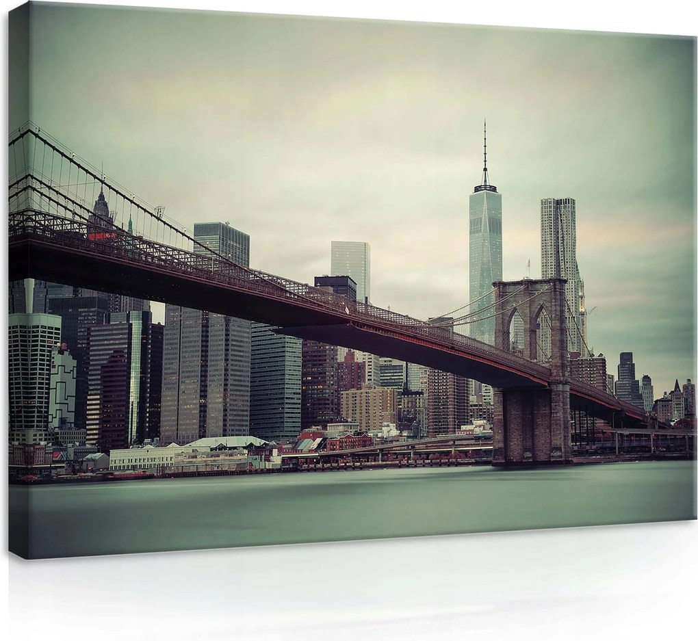 Vászonkép 70x50 Brooklyn híd Manhattan városkép híd víz felhők