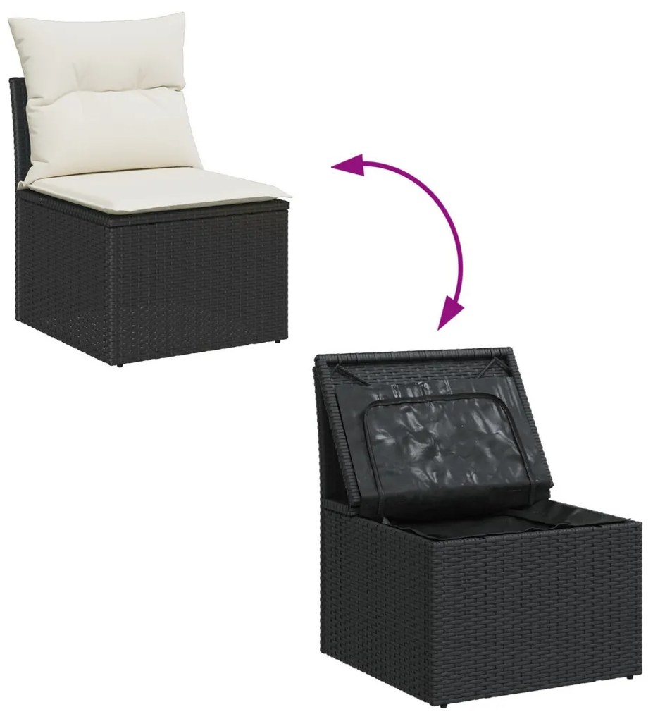7 Részes Kert Sofaszett Párnákkal Fekete Poli Rattan, 2-Fős Kert Kanapé Tárolóval és Párnákkal Fekete Poli Rattan