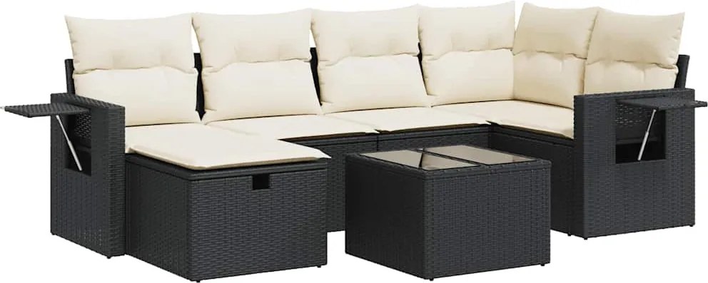 vidaXL 7 részes fekete polyrattan kerti ülőgarnitúra párnával