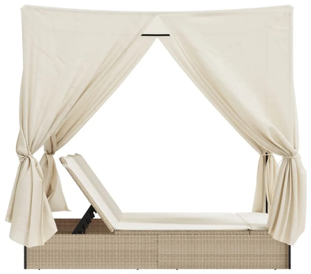 bézs polyrattan dupla napozóágy tetővel és függönyökkel