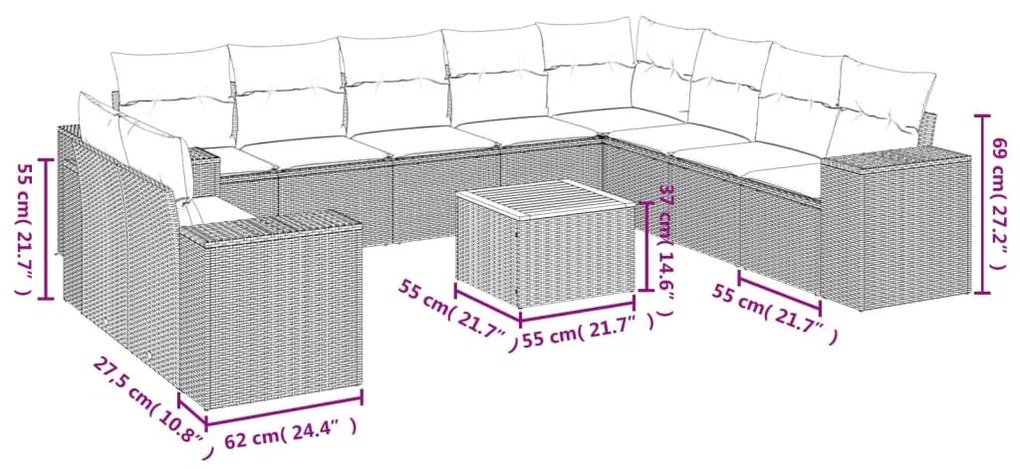 11 részes szürke polyrattan kerti ülőgarnitúra párnákkal