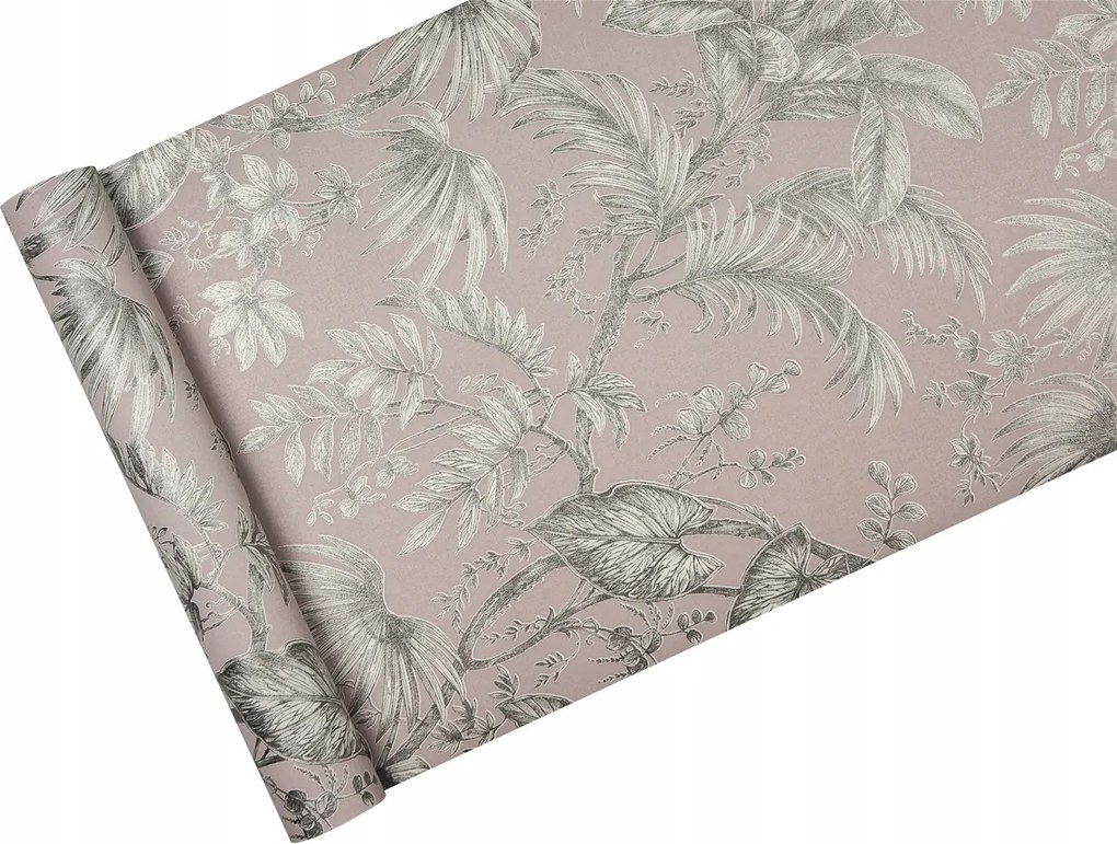 Rózsaszín tapéta Retro kompozíció Levelekkel és virágokkal