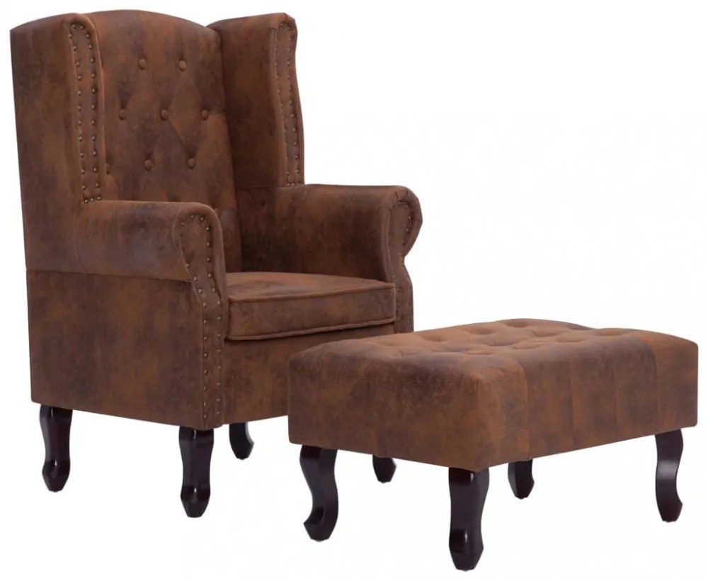 barna művelúr Chesterfield&quot; karosszék és lábtartó&quot;