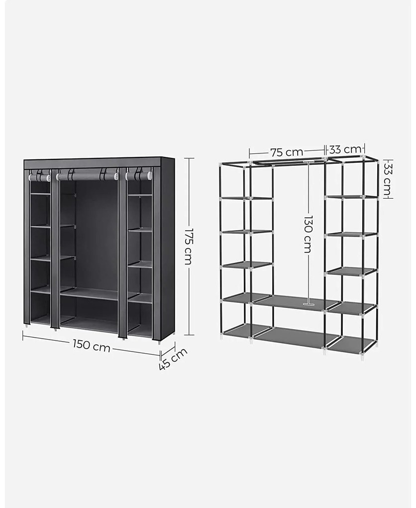 Szövet ruhásszekrény, ruhatároló gardróbszekrény, szürke