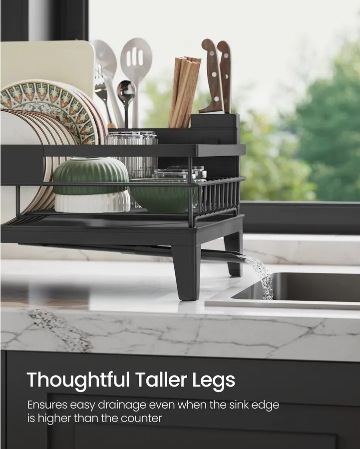 Edényszárító állvány, 360°-ban forgatható és kihúzható lefolyóval, fekete