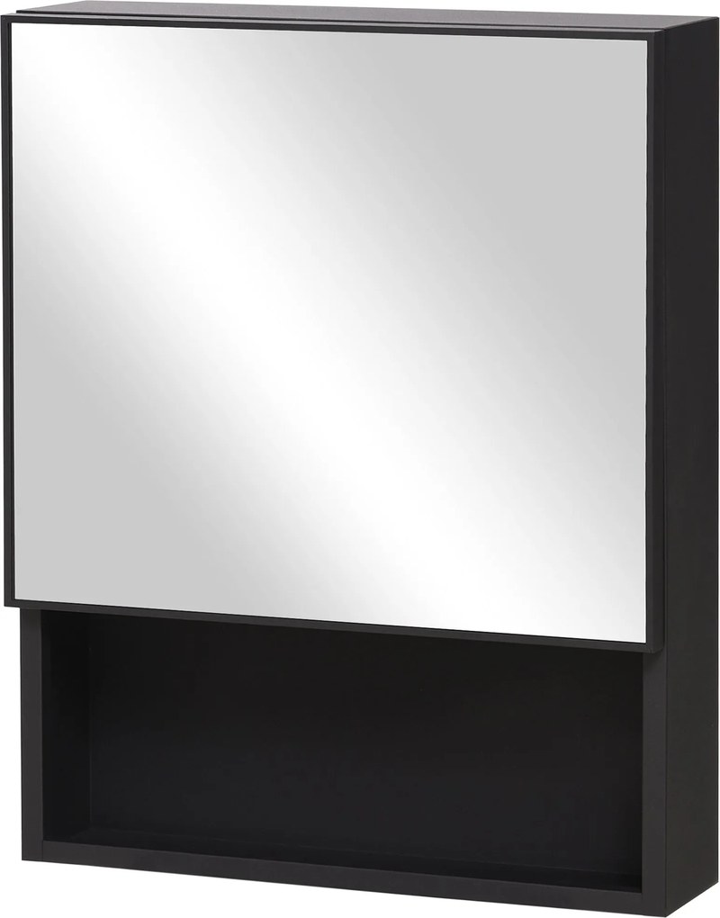 kleankin Fürdőszobai Tükörszekrény, Tükörajtós Fürdőszobai Szekrény, 2 Belső Polccal és 1 Nyitott Polccal, Fali Szekrény, Fekete, 46 x 13,5 x 58 cm |