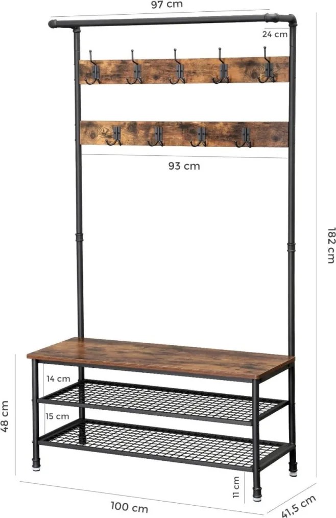 Előszoba fogas polccal, akasztókkal, cipőtartóval és ülőkével, rusztikus barna 97x41x182cm
