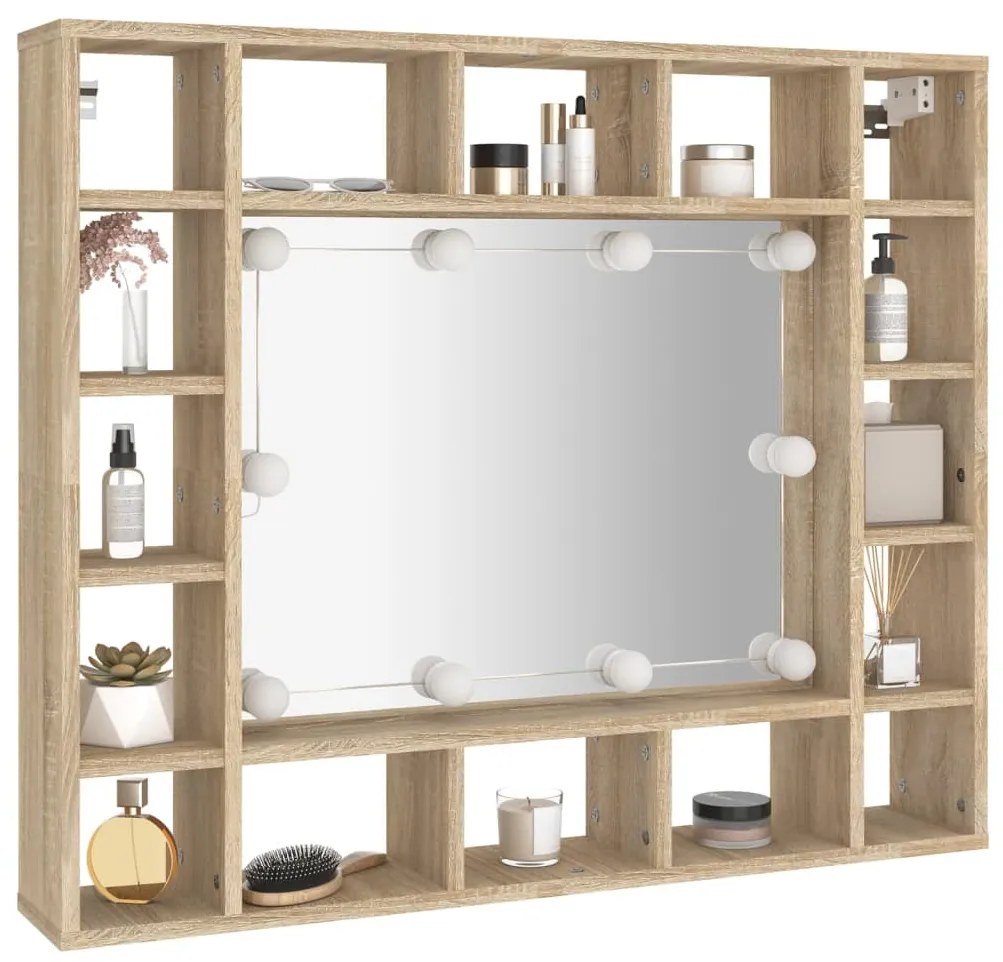 sonoma tölgyszínű tükrös szekrény LED-ekkel 91 x 15 x 76,5 cm