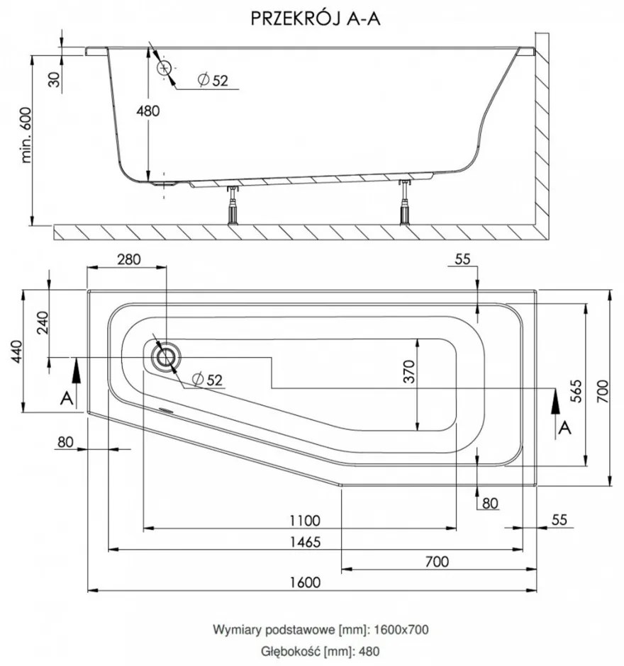 Keos 70x160x44 aszimmetrikus kád jobb