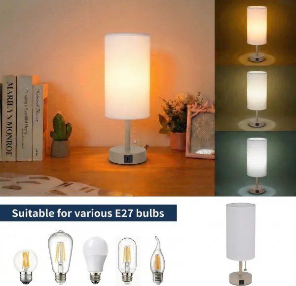Brilagi - TABLON asztali lámpa USB-porttal, 1xE27/25W/230V, bézs/fehér