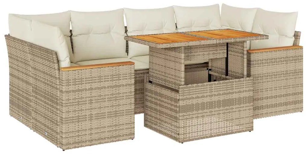 6 részes bézs polyrattan akácfa kerti ülőgarnitúra párnával