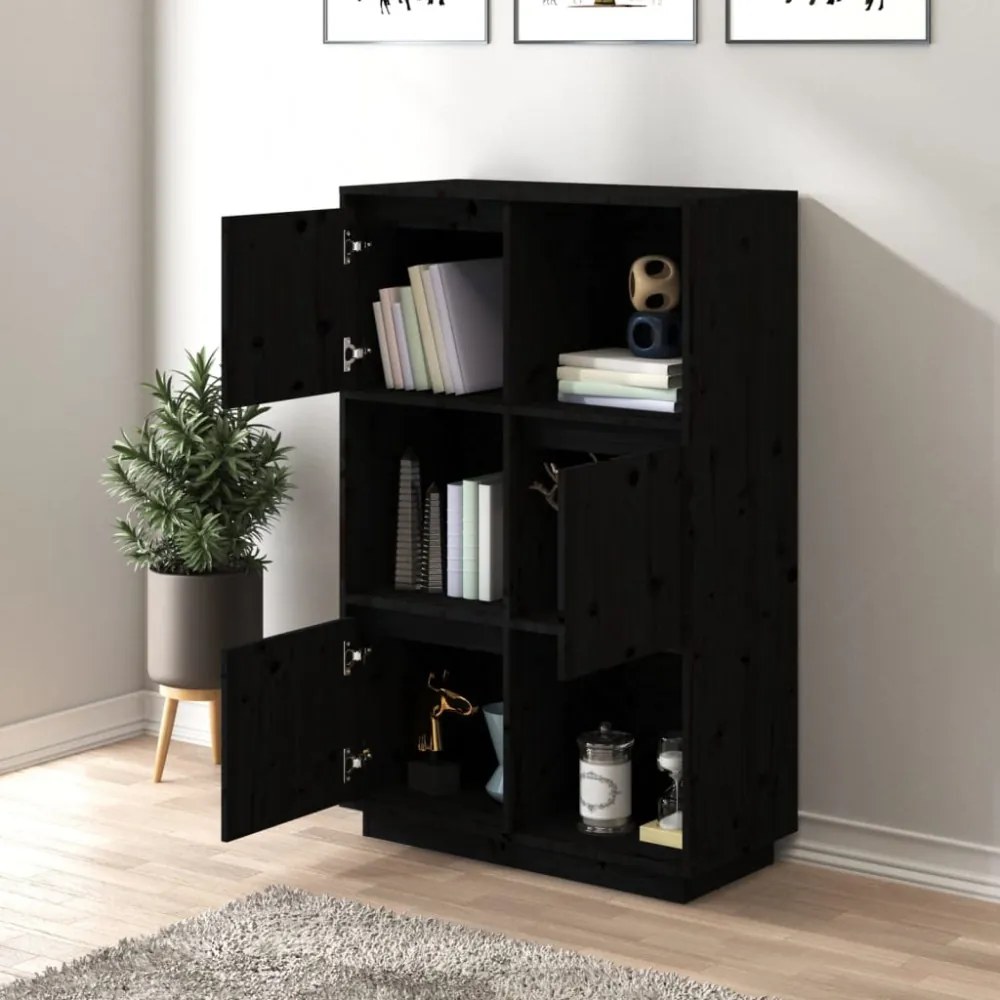 fekete tömör fenyőfa magasszekrény 74x35x117 cm