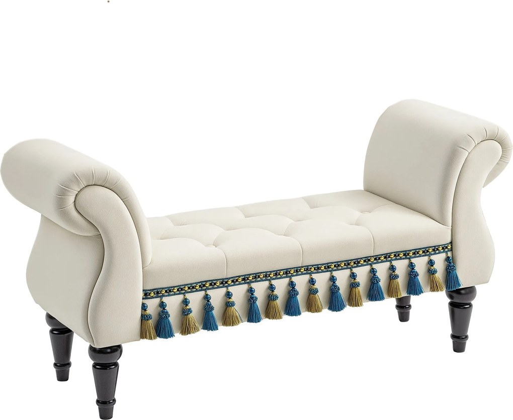 HOMCOM Kárpitozott Pad, Bársonyos Hatású, Luxus Ágyvégi Pad Fából Készült Lábakkal, Előszoba Pad a Hálószobába, 150 kg Teherbírásig, Bézs, 117 x 40 x