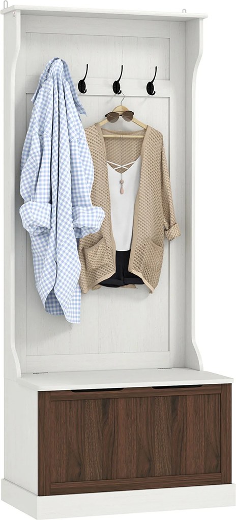 HOMCOM 3 az 1-ben Előszobai Akasztó Cipőtároló Paddal, Helytakarékos Padlóakasztó 4 Akasztóval és Tárolóval, MDF-ből, Előszobába, Hálószobába, 71.5x39