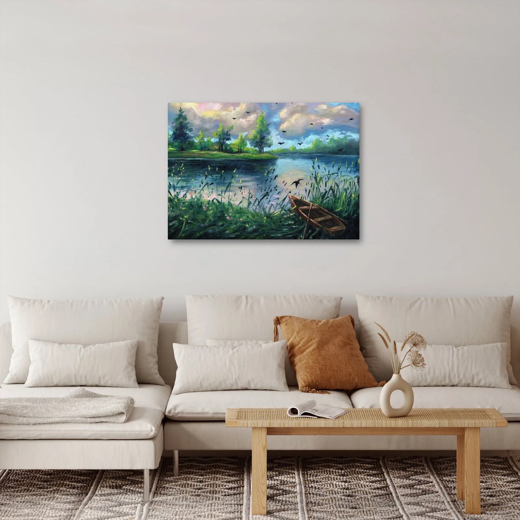 Kép - olajfestmény, Nyári este a tónál (70x50 cm)