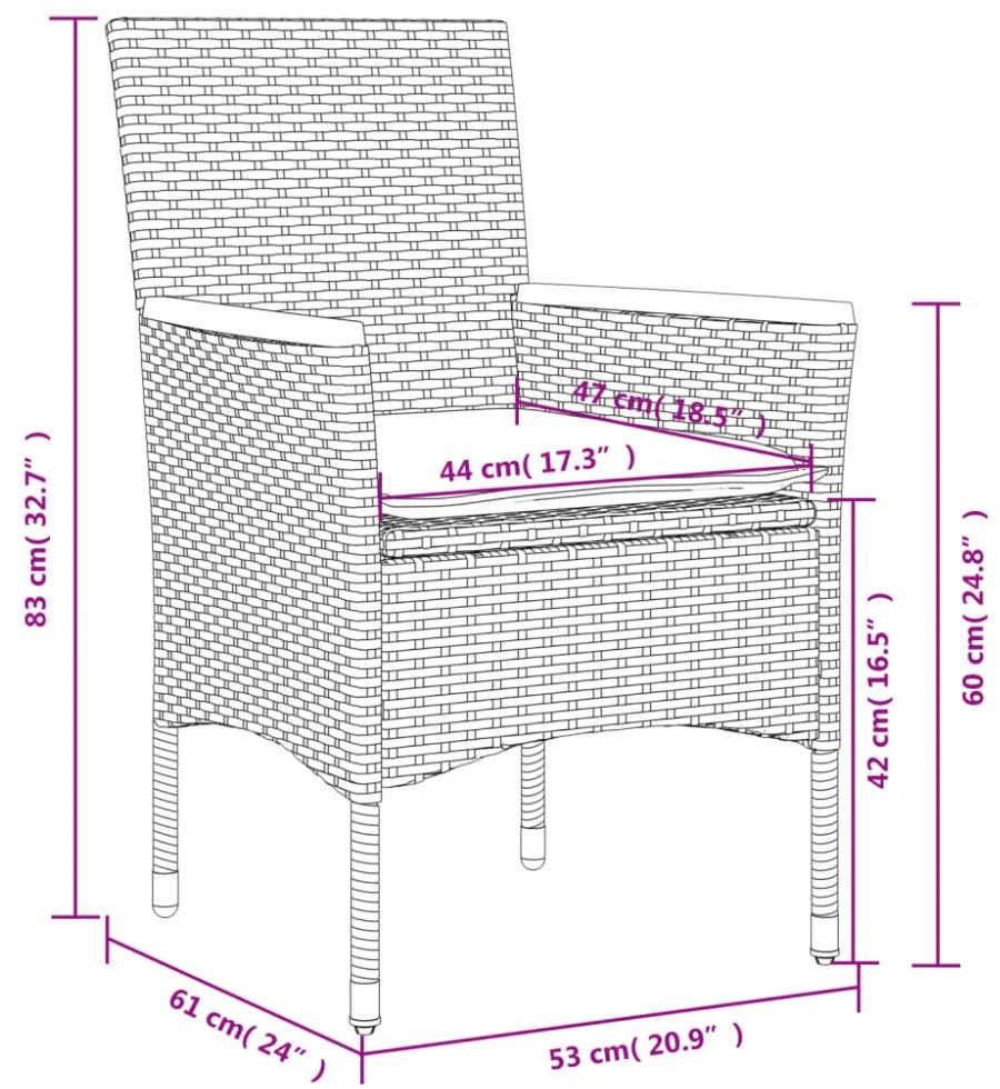 9részes fekete polyrattan/akácfa kerti étkezőgarnitúra párnákkal