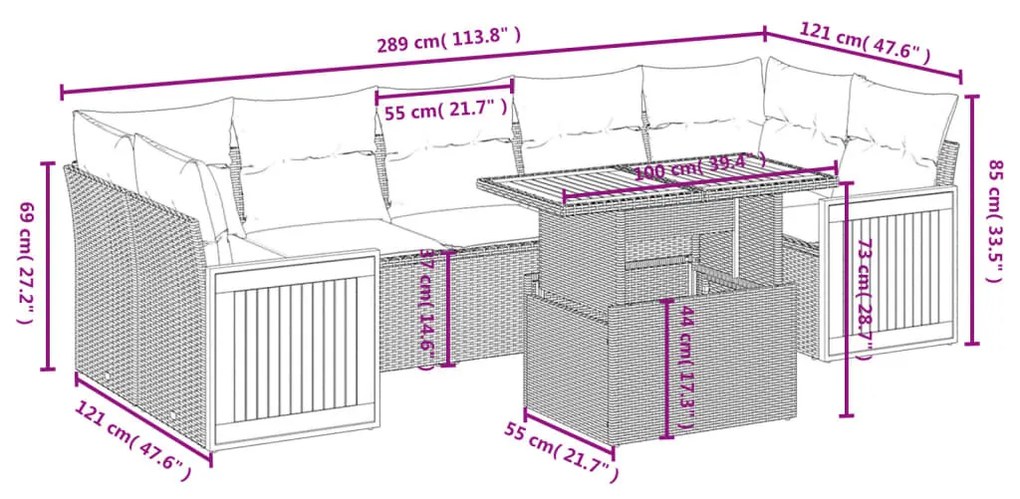 8 részes fekete polyrattan kerti ülőgarnitúra párnákkal