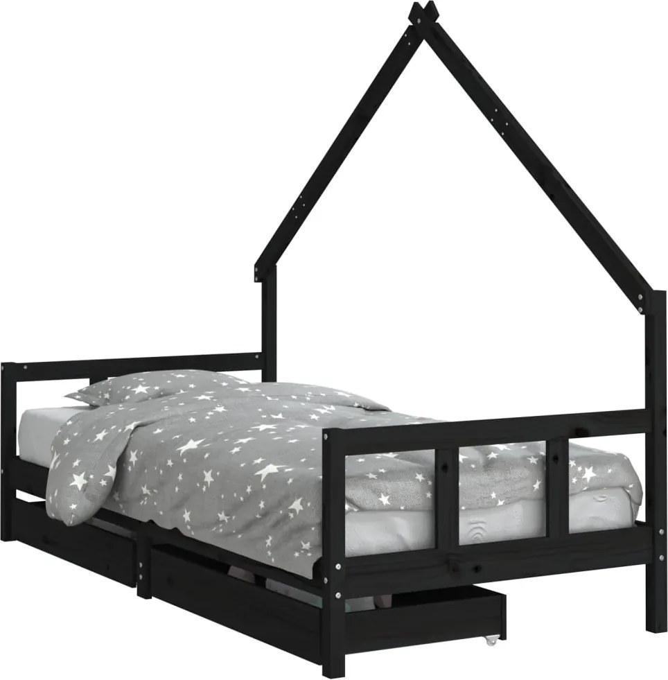 vidaXL fekete tömör fenyőfa gyerekágykeret fiókokkal 90 x 200 cm