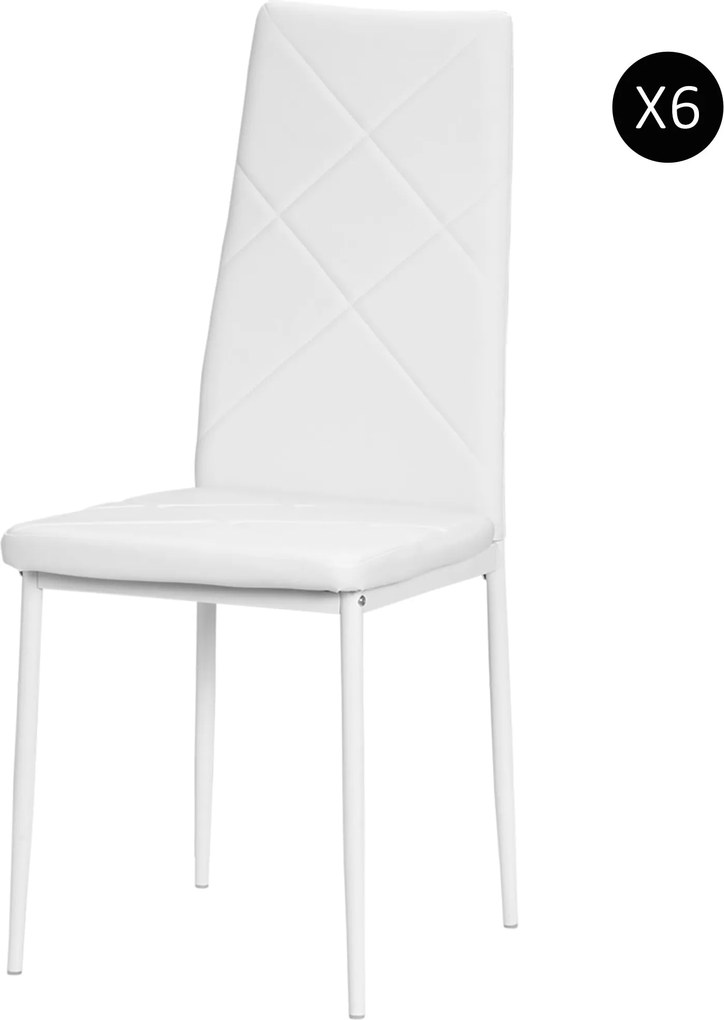 HOMCOM 6 darabos Kárpitozott Magas Háttámlás Étkezőszék Szett, Konyhai Székek Műbőr Gyémánt Mintázattal, Csúszásmentes Talpakkal és Acél Lábakkal, Étk