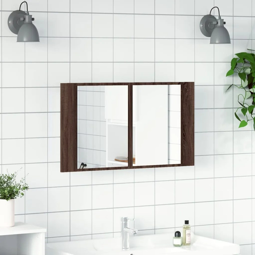 barna tölgy akril LED-es tükrös fürdőszobaszekrény 80x12x45 cm