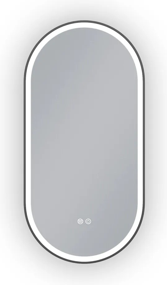Erga Gwen, ovális LED tükör 50x100cm fekete fém keretben, 3 világos szín, elülső világítás, páramentes fűtőpárna, ERG-V01-GWEN-5010-BK