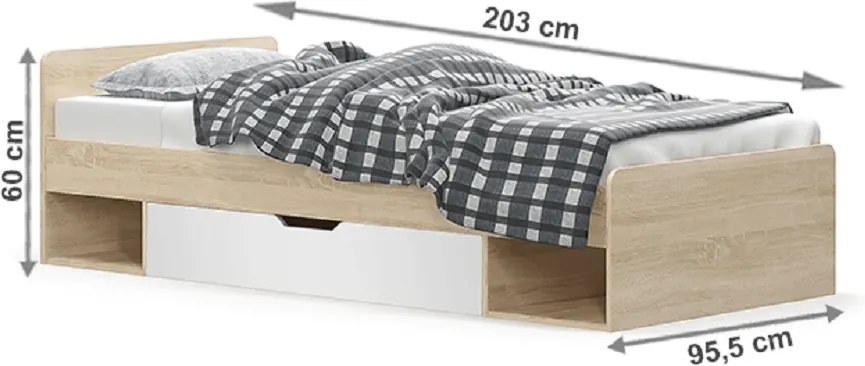Ágy 1S/90, fehér/tölgy sonoma, TEYO