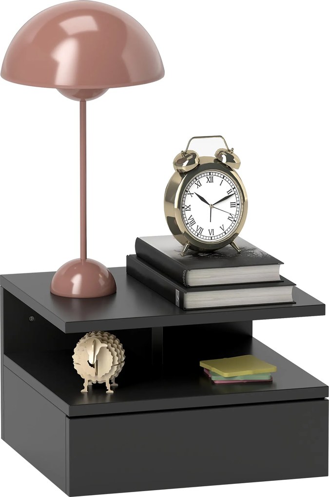 HOMCOM Fali Éjjeliszekrény Hálószobához, Modern Éjjeliszekrény, Fiókkal és Felső Polccal, Fa, 35x32x22.5cm, Fekete | Aosom