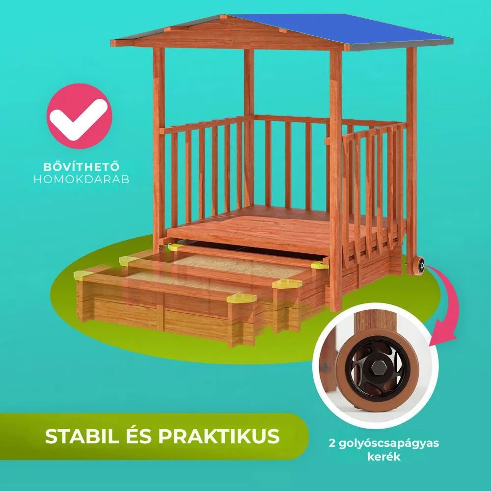 SUNNY verandás homokozó, 130x130x143cm, barna/kék Jurhan