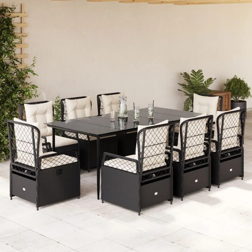 9 részes fekete polyrattan kerti étkezőgarnitúra párnákkal