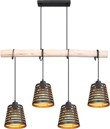 Globo 15451-4H Függeszték fém fekete alaplap, fekete kábel, fém fekete-arany búrák, natúr fa betéttel kombinálva. HxSZxM:850x170x1200, fényforrás nélkül 4xE27 60W 230V