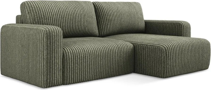 Zöld kordbársony kinyitható-tárolóhelyes sarokkanapé (jobb oldali-heverő résszel) Kona – Makamii