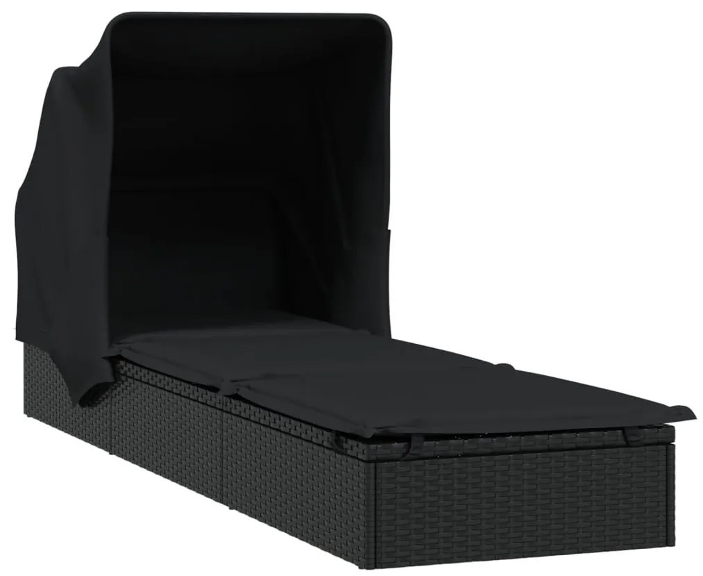 Fekete polyrattan napozóágy összecsukható tetővel 213x63x97 cm