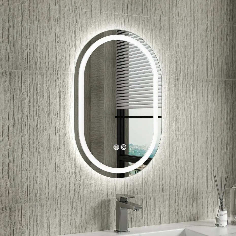 Erga Lyra, ovális LED tükör 40x60cm, 3 fényszín, első és hátsó világítás, páramentes fűtőpárna, ERG-V01-LYRA-4060-CL