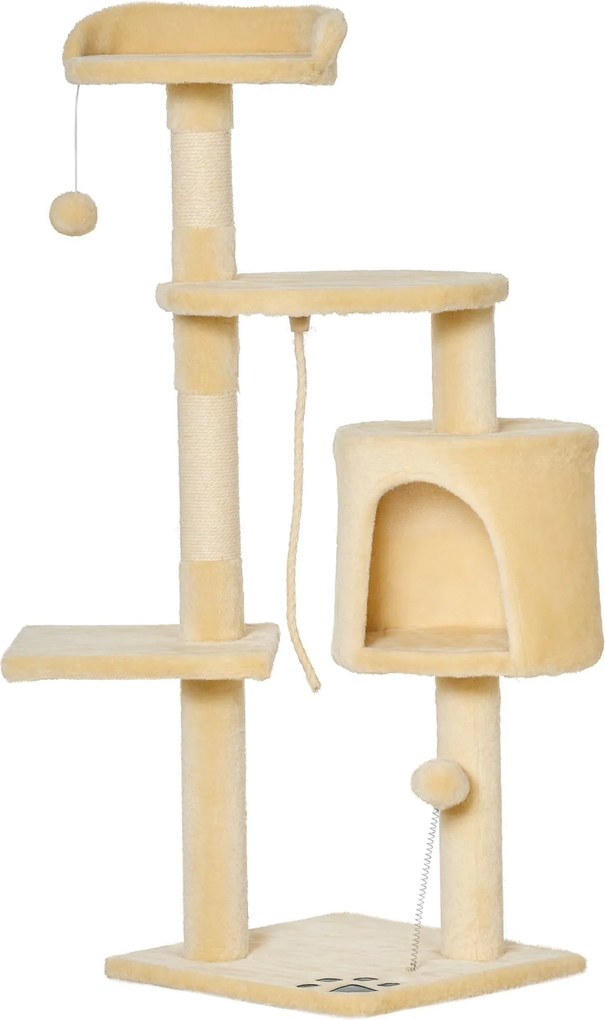 PawHut Macska Karpátka Nagy Platformokkal, Kunyhókkal és Játék Gömbökkel 114cm Bélyegzett Bézs Plüssben | Aosom