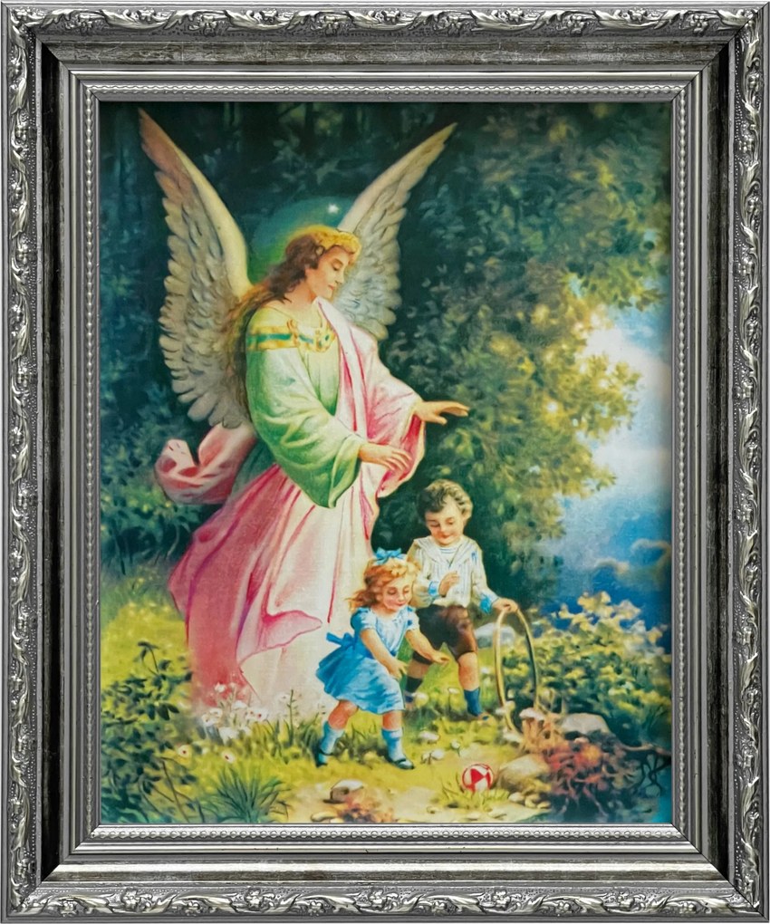 Vászonkép 31x26 Őrangyal Angyal Ezüst Díszített Keresztelő Ajándék Keret