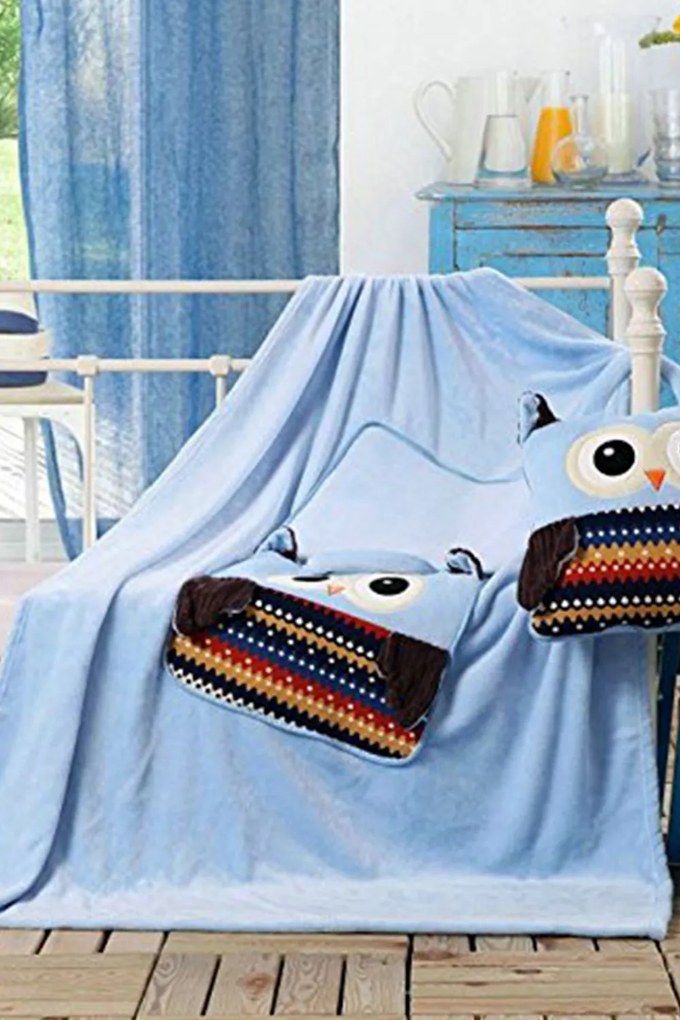 Gyermek kispárna és pléd 1-ben, Bagoly kék