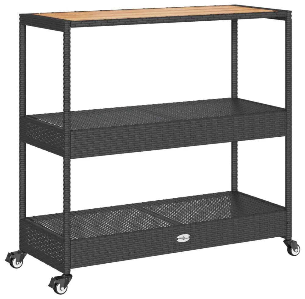 3 szintes fekete polyrattan és tömör akácfa zsúrkocsi