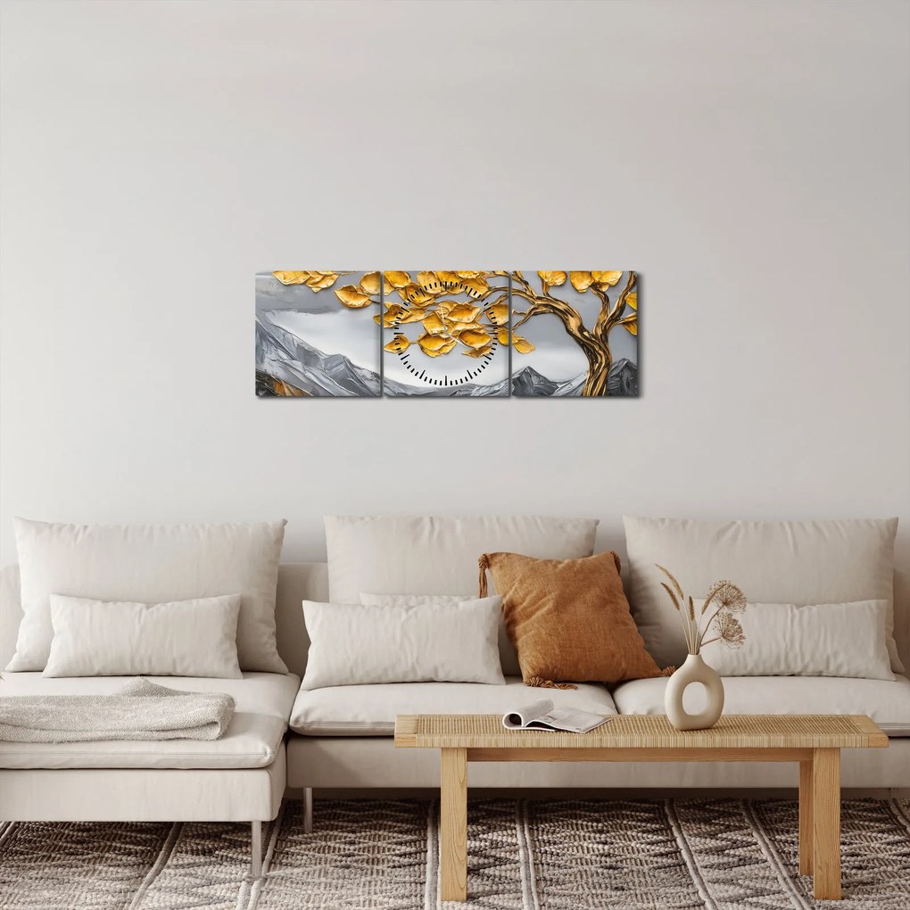 Kép – Fa arany levelekkel (órával) (90x30 cm)